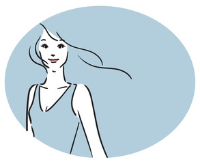 楕円くすみブルー背景、ロングヘア、ブルーのドレスの女性上半身