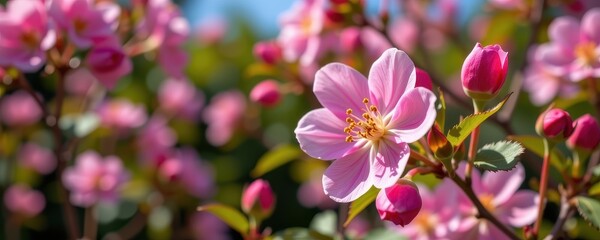 Obraz premium Delicate rosehip blossoms unfurl their soft pink petals in the gentle May sunshine, a symbol of budding spring beauty, landscape, flora