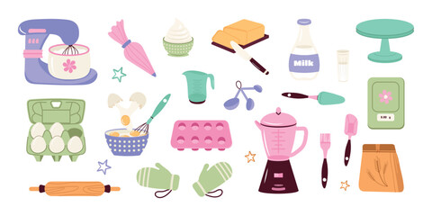 Modern set of ingredients, tools, and kitchen utensils for baking. Flat vector illustration isolated on a white background