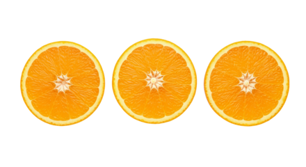 Three sliced oranges face forward, centrally aligned, against a isolated background.