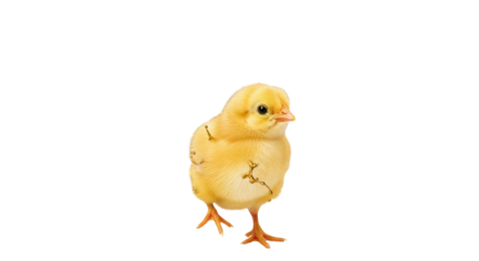 Tiny yellow chick stands facing forward, isolated against background, displaying fluffy down and fragile legs.