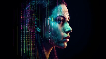 futuristic AI avatar in profile transitioning into a digital persona with glowing neural interfaces and holographic elements for advanced technology and virtual identiwoman with binary code background