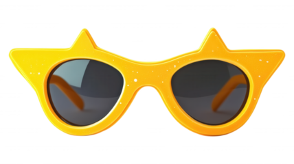 A pair of bright yellow star shaped novelty sunglasses