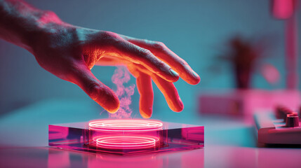 A person's hand hovering over a glowing, transparent platform with pink and purple lights emanating from it