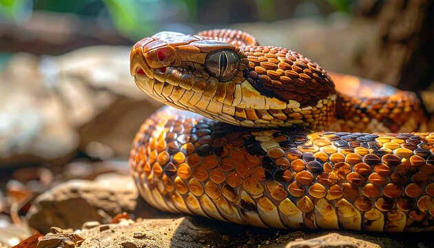 Close-up of a patterned, scaly serpent with striking amber eyes