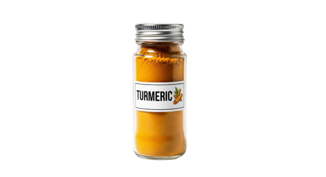 Turmeric powder is contained within a glass spice jar and sealed with a metal lid.