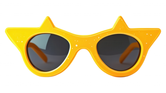 A pair of bright yellow star shaped novelty sunglasses