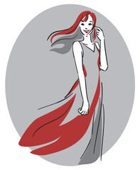 楕円グレー背景、ロングヘア、赤いドレスの女性