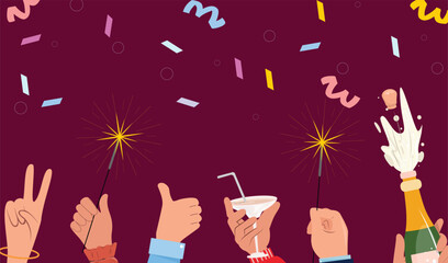 New Year event banner with hands holding drinks and fireworks on purple background, celebration concept template