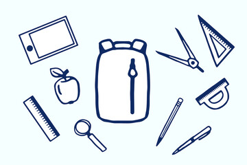 Vector illustration of a school bag and school supplies. Back to school concept. Основные RGB