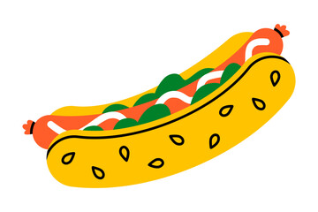 Hand drawn cute illustration of hot dog. Flat vector bun and sausage with mustard doodle. Food delivery. Unhealthy eating sticker, icon. American fast food. Takeaway lunch menu. Isolated.