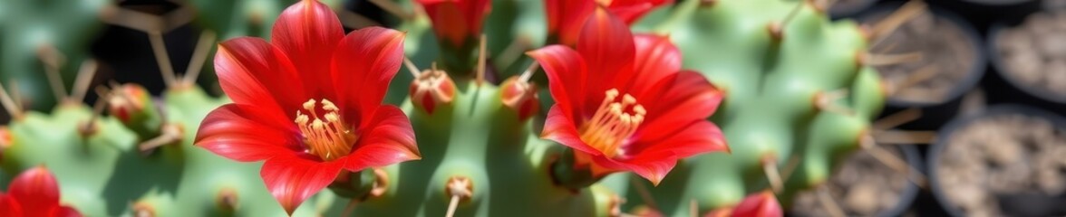 Fototapeta premium Vibrant red flower blossoms on a prickly pear cactus, showcasing delicate petals against a backdrop of spiny green pads, spring, natural, beauty