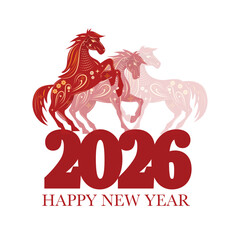 Happy New Year 2026, red horses, stylized illustration, festive greeting, modern celebration, equestrian artwork