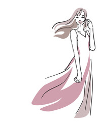 美容イメージ背景透過、ロングヘア、ピンクのドレスの女性