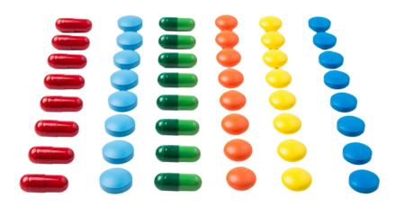 Various colorful pills are arranged in distinct rows against a solid . - high quality Various colorful pills are arranged in distinct rows against a s