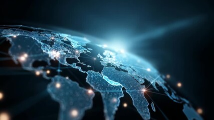 Digital world map with glowing network connections representing global communication and data exchange. Futuristic technology background with illuminated continents and blue light effects - Powered by Adobe