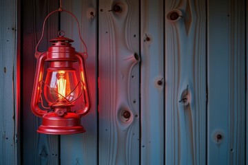 A single red lantern hangs from a weathered wooden surface, casting a warm glow, light, decorative