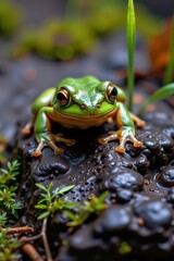 Obraz premium A small green frog peers intently downwards from a damp mossy rock, its bulging eyes focused on something unseen below, amphibian, looking down, peering