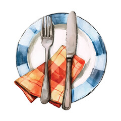 Watercolor illustration of a plate with fork knife and napkin watercolor illutrastion transparent background