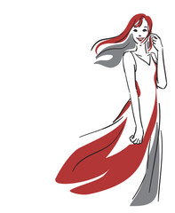 美容イメージ背景透過、ロングヘア、赤いドレスの女性