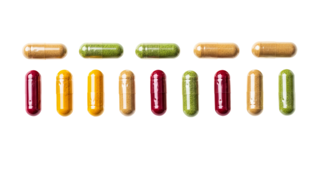 Various colored capsules are arranged in two rows against a background, displaying their different hues and textures.