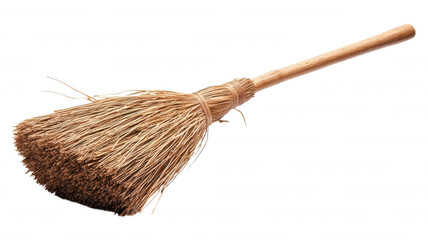 A close up of a broom with a wooden handle on black background