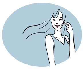 楕円くすみブルー背景、ロングヘア、ブルーのドレスの女性上半身