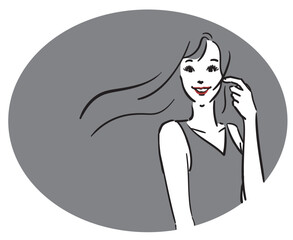 楕円グレー背景、ロングヘア、グレーのドレスの女性上半身