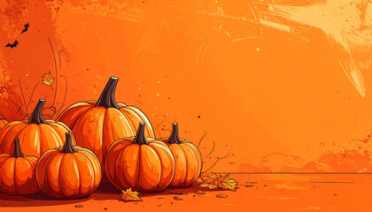 Autumn harvest pumpkins with flying bats and falling leaves halloween