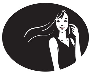 楕円ブラック背景、ロングヘア、黒いドレスの女性上半身