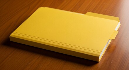 A close-up shot of a yellow file folder resting on a wooden surface, with tabs.
