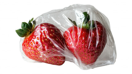 Two strawberries in a plastic bag on a black background