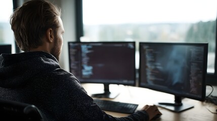 A focused programmer works diligently on dual computer monitors in a modern brightly lit office space immersed in code