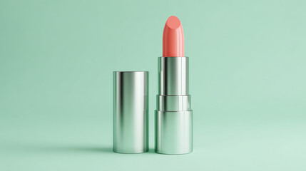 Obraz premium Close up view of lipstick tube with vibrant coral shade, set against soft mint green background. sleek silver casing adds modern touch, enhancing product appeal