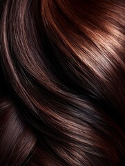 Fototapeta premium A detailed close-up image of smooth, glossy brown hair, showcasing natural shine and healthy strands in soft curls.