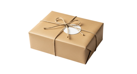 Wrapped cardboard box sits with a twine bow and sticker on a isolated background.