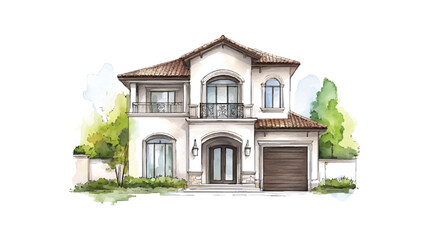 Watercolor Illustration of a Two- Story Mediterranean Style watercolor illutrastion transparent background