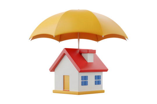 3d illustration icon of house protected by umbrella for insurance concept. Isolated on transparent background, png