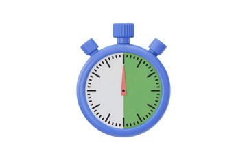 3d illustration icon of blue stopwatch marking half time. Isolated on transparent background, png