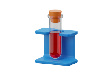 3d illustration icon of test tube containing red liquid in a blue stand . Isolated on transparent background, png