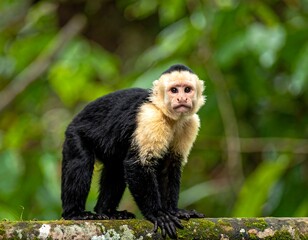 Fototapeta premium A curious monkey with black and white fur looks directly at the viewer
