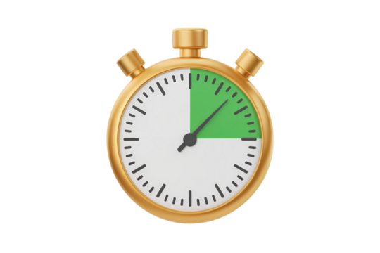 3d illustration icon of golden stopwatch with the green section timer. Isolated on transparent background, png
