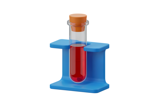 3d illustration icon of test tube containing red liquid in a blue stand . Isolated on transparent background, png