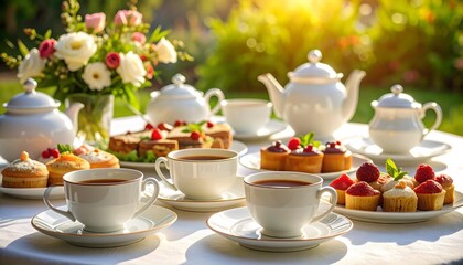 Fototapeta premium Elegant Outdoor Tea Party with Cakes, Teacups, and Floral Arrangement