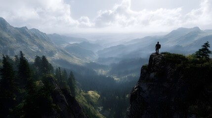 A lone hiker stands on a dramatic cliff edge gazing at a vast mist filled mountain valley under bright daylight