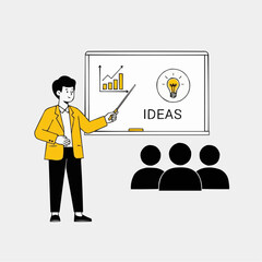 Minimal vector illustration of teacher giving presentation with pointer in front of whiteboard and audience, yellow accent educational concept