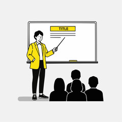 Minimal vector illustration of teacher giving presentation with pointer in front of whiteboard and audience, yellow accent educational concept