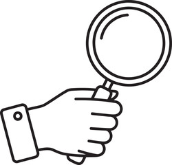 Hand holding magnifying glass icon, search and inspection symbol, outline line art vector on white.