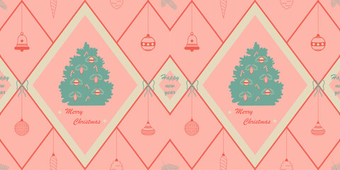 Cute lattice Christmas pattern with fir trees, Christmas decorations, beads and bows in pink tones. Retro Christmas print with a flirty and trendy preppy-style. For fabric, wrapping paper, textiles
