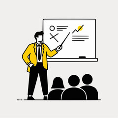 Minimal vector illustration of teacher giving presentation with pointer in front of whiteboard and audience, yellow accent educational concept